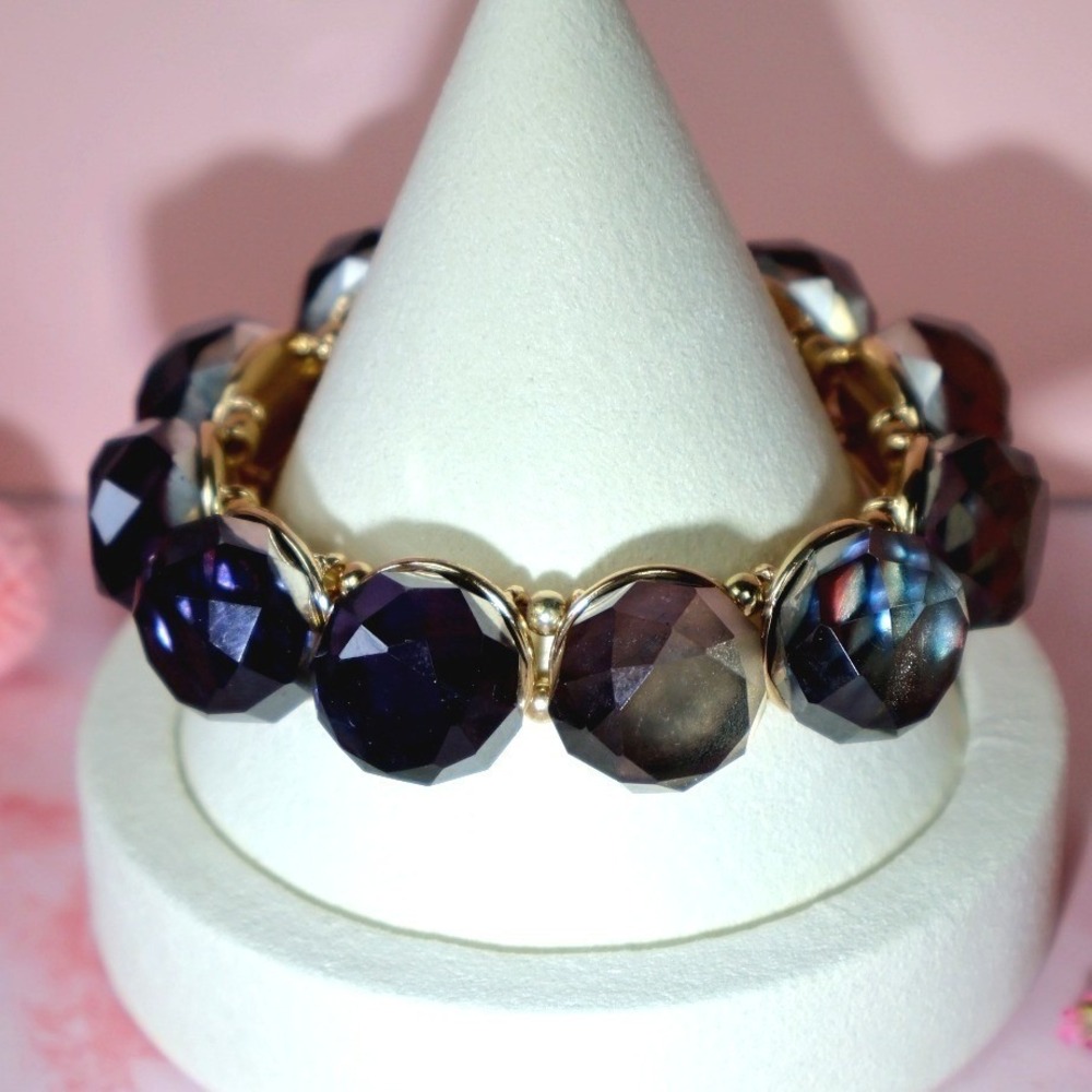 Vintage 1960s Style Faceted Smoky Lucite Gold Bezel Stretch Cuff Bracelet NOS